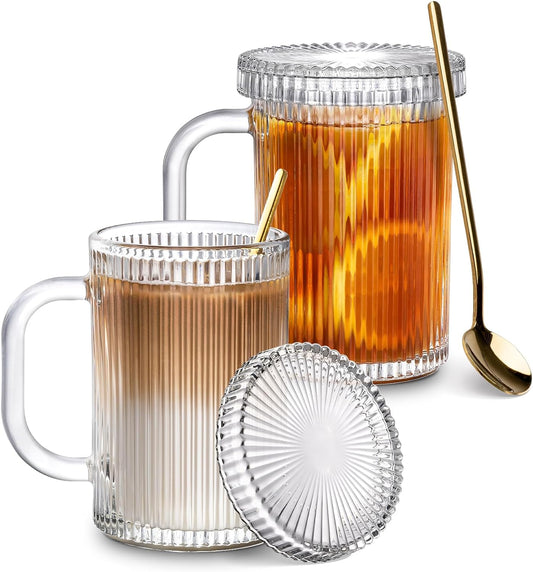 Combler Glass Coffee Mugs, 13oz Clear Coffee Mug with Lid and Spoon